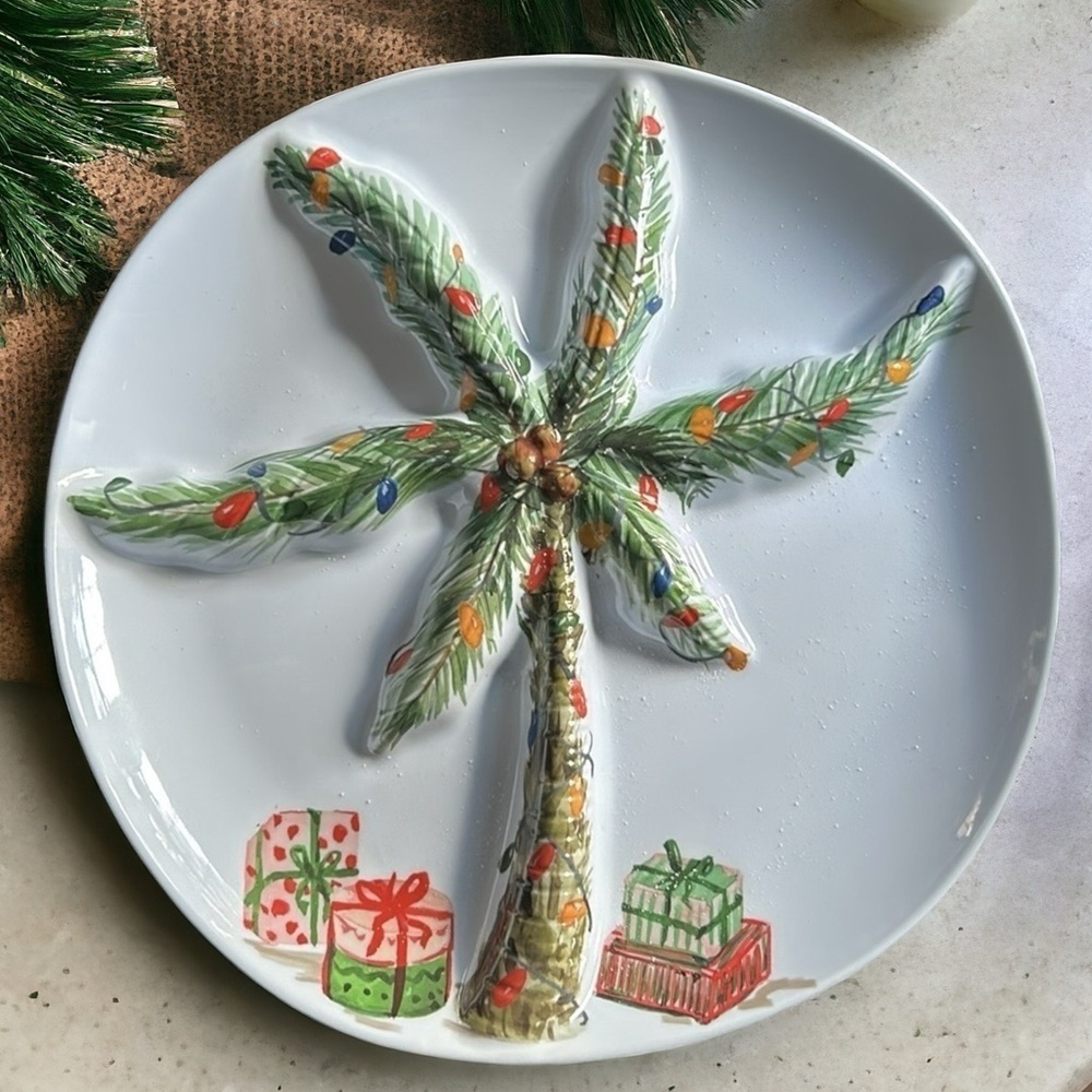 Tropical Christmas Melamine Palm Tree Serving Plate Divided Tray 15”